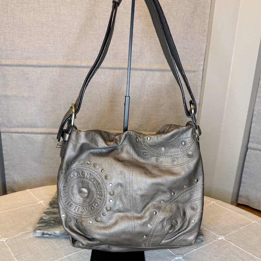 Coach Shoulder Hobo Bag - Gunmetal and Studded Leather & Purple Interior